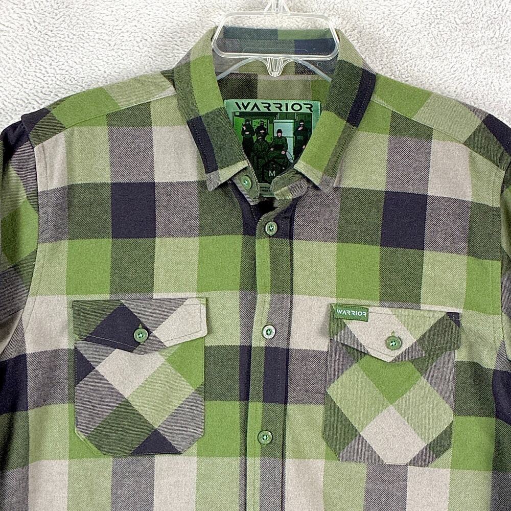 Warrior Flannel Shirt Mens M Green Black Plaid Performance Grunge Military Indie - Picture 2 of 11